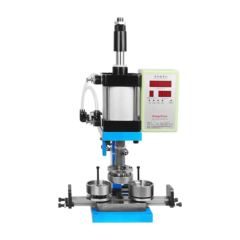 Semi-Automatic Pneumatic Badge Machine | Double Light Grid Safety System | Industrial Metal Badge Pr