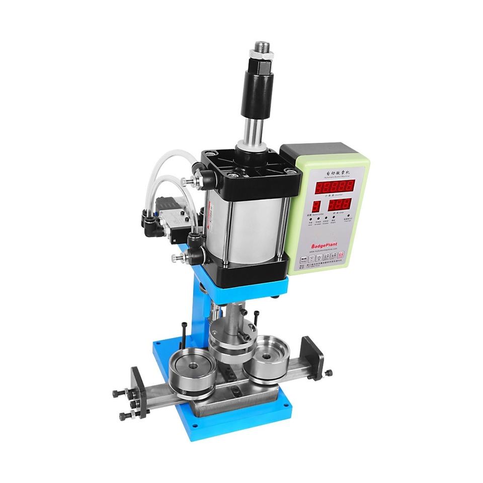 Semi-Automatic Pneumatic Badge Machine | Double Light Grid Safety System | Industrial Metal Badge Pr