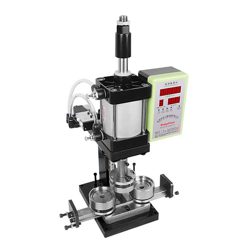 Semi-Automatic Pneumatic Badge Machine | Double Light Grid Safety System | Industrial Metal Badge Pr